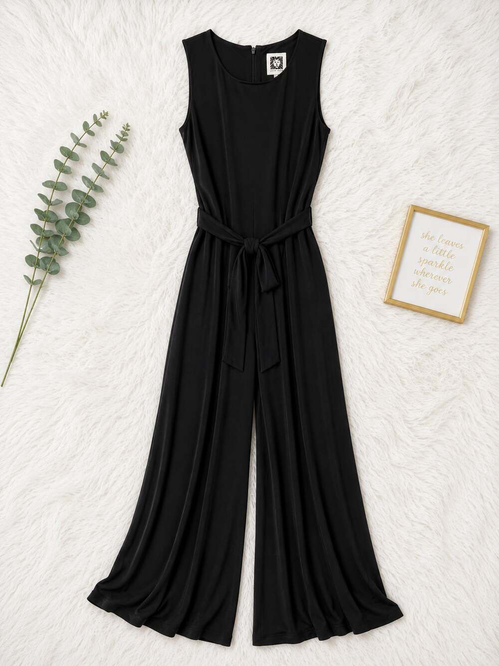 Anne Klein Black Sleeveless Wide Leg Tie Waist Jumpsuit Size 4